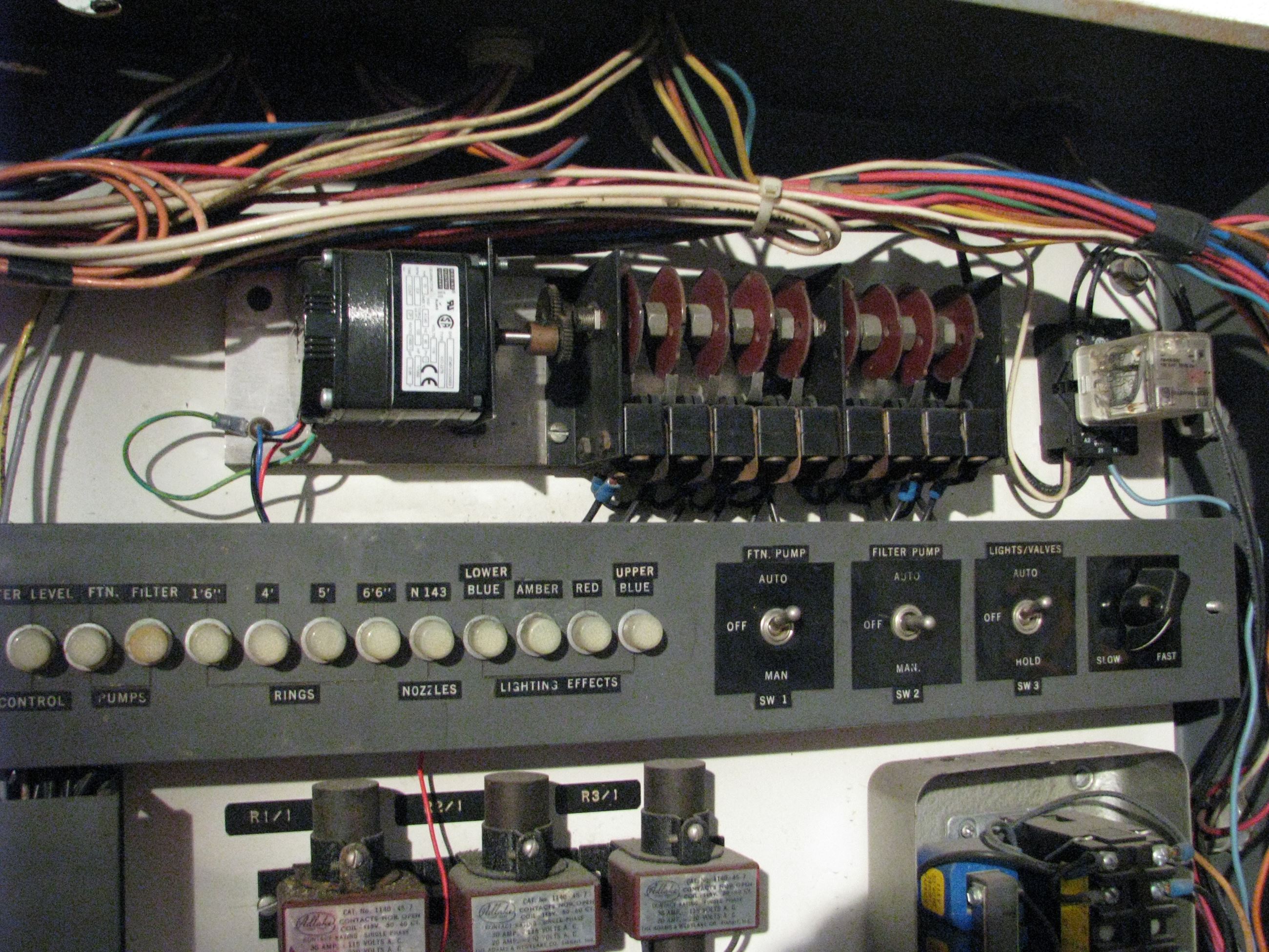 Electric panel controls for pumps, nozzles, filters and lighting effects